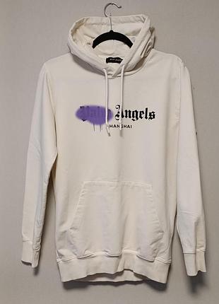 Белое худи palm angels shanghai sprayed с фиолетовым принтом-граффити и готическим логотипом бренда