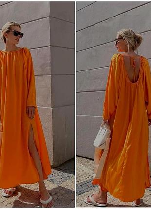 Стильное новое платье макси h&amp;m р m сатиновое, оранжевое, оранжевое, платье - кафтан, свободное, свободного кроя, оверсайз