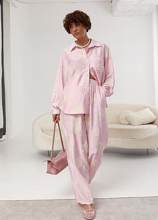 Костюм из рубашки и прямых брюк с пляжными мотивами - пудра плот, one size (имеется размеры)