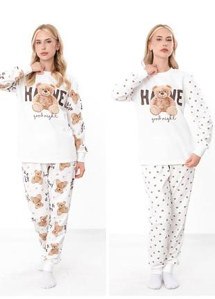 Утепленная пижама женская с мишкой, домашний костюм на байке, пижама байковая теплая