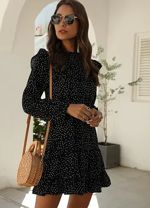 Грайлива та легка 🖤 shein unity сукня в горошок 👗 міні-сукня а-силуету з рюшами ✨ чорне плаття з довгим рукавом