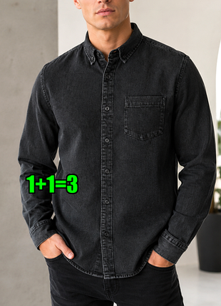 😉1+1=3 джинсовая серо-черная мужская рубашка оксфорд primark, размер 44 - 46