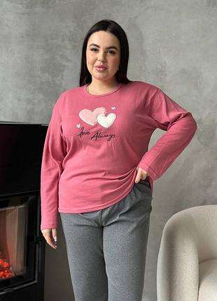 Рожева м'яка піжамка з сердечками plus size з мікрофлісу