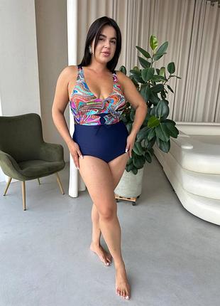 Яскравий суцільний синій купальник plus size з утяжкою