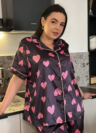 Піжама plus size чорна у сердечко з сорочкою та штанами