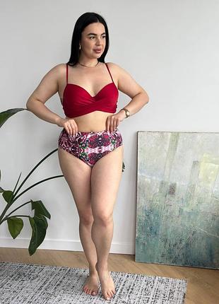 Роздільний бордовий купальник plus size з поролоновими чашками