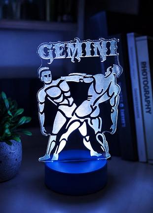 3d нічник близнюки gemini/на батарейці/ з акрилу на синій led-підставці/декоративний світильник/знак зодіаку