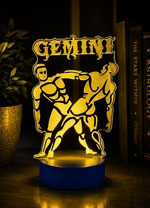 3d світильник нічник близнюки gemini/bluetooth/знак зодіаку/акриловий нічник на синій led-підставці