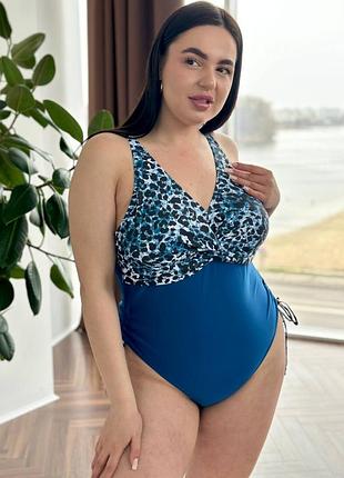 Суцільний синій купальник plus size леопардовий принт
