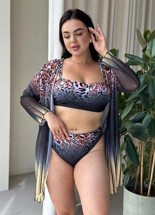 Яскравий роздільний купальник з тунікою plus size леопардовий принт