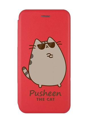 Чохол-книжка червоний з малюнком на xiaomi redmi 10c пушин кіт (принт 424)