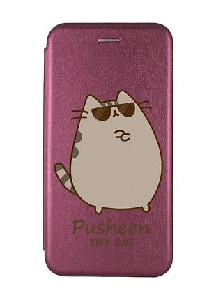 Чехол-книжка бордовый с рисунком на samsung galaxy a02s пушин кот (принт 424)