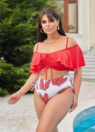 Роздільний червоний купальник plus size знімними чашками та високими плавками