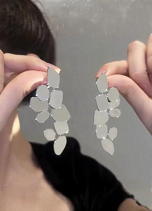 Сережки женские зеркальные многокомпонентные fashion jewelry серебристые