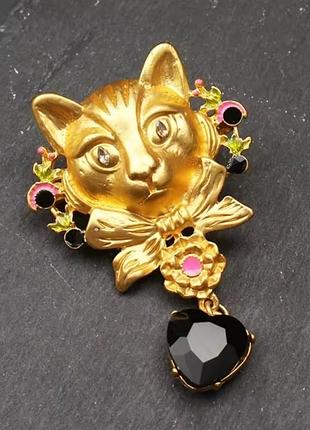 Крупная брошь мистический кот 7,5 см, с кристаллом подвеской, кошка