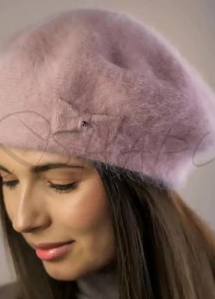 Берет женский ангоровый двойной с аккуратным не большим бантом novita ангел темно-бежевый