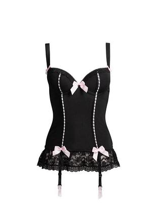 Черный кружевной корсетный топ с пажами и розовыми бантами 🖤🎀