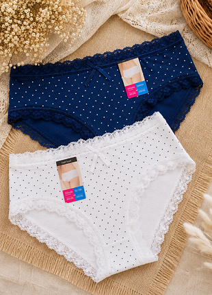 Жіночі трусики в горошок із мереживом l/xl, бавовна — 2 шт.