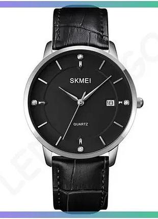 Часы skmei 1801lsibk серебристо-черные кожаные классические мужские кварцевые с календарем sku_aber_1080-1633