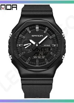 Часы sanda 3167 all black мужские спортивные кварцевые с будильником и подсветкой 51х46 мм черные sku_aber_1044-0093