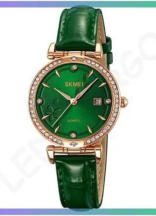 Часы skmei 2169rggn золотистые с зеленым кожаным ремешком кварцевые женские классические sku_aber_1080-2879