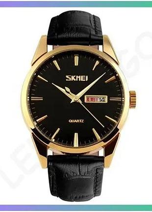 Чоловічий кварцевий годинник skmei gold-black з календарем водонепроникний 30м чорний ремінець класичн sku_aber_1080-1597