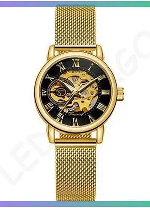 Жіночі годинники forsining 8099 gold-black механічні з золотим корпусом 32 мм водонепроникні до 30 м sku_aber_1059-0113