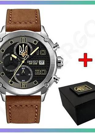 Часы awarder 016 silver-black-brown с тризубом для мужчин хронограф 39мм нержавеющая сталь кожа sku_aber_1202-0442