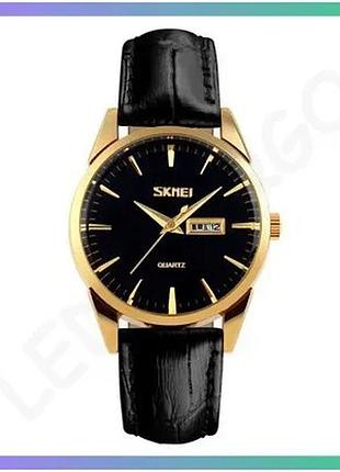 Женские часы skmei gold-black кварцевые с кожаным ремешком водонепроницаемые классические 40х32 мм sku_aber_1080-1601