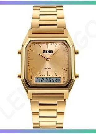 Женские часы skmei 1220gd gold квадратные кварцевые с будильником и секундомером золотистые sku_aber_1080-1752