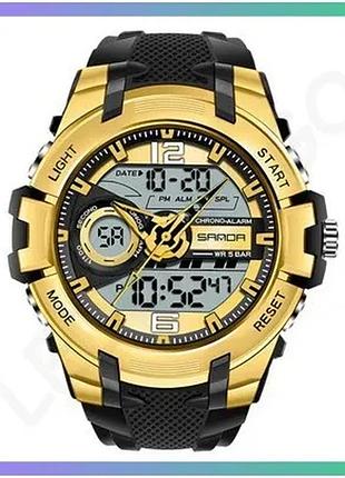 Часы sanda 6015 black-gold спортивные мужские с будильником и подсветкой водонепроницаемые 50м sku_aber_1044-0112