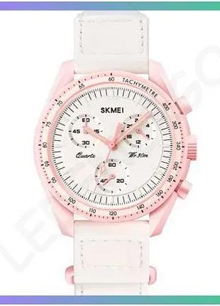 Часы skmei 1982pk pink кварцевые женские с хронографом водонепроницаемые 30м розовые и белые sku_aber_1080-1186