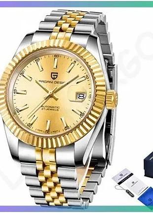 Ч men's watch pagani design pd-1645 silver-gold-gold механические водонепроницаемые с календарем и бра sku_aber_1138-0212