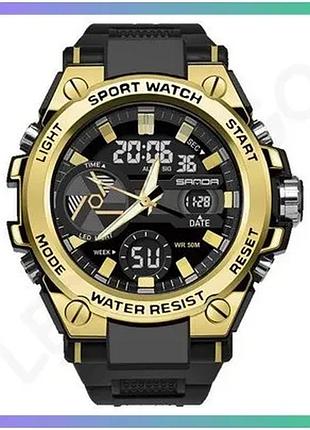 Спортивні годинники sanda 3311 black-gold кварцеві з будильником і секундоміром для чоловіків чорні та sku_aber_1044-0119