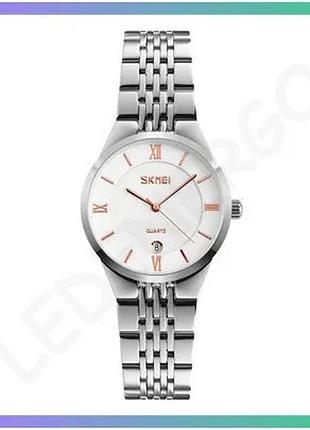 Годинник skmei 9139 white-gold кварцовий жіночий водонепроникний зі сріблястим ремінцем 30м sku_aber_1080-1539