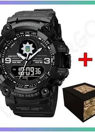Часы awarder 001 полицейские all black спортивные для мужчин с функцией будильника и хронографа sku_aber_1202-0132