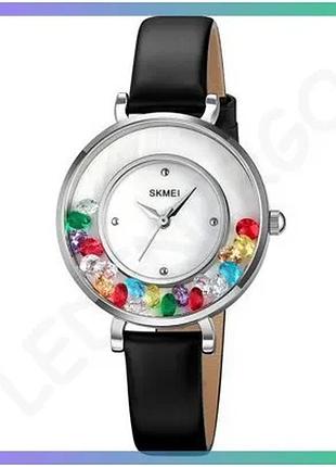 Жіночі годинники skmei 2041si silver кварцові з чорним ремінцем 30м водонепроникні стильні sku_aber_1080-2686