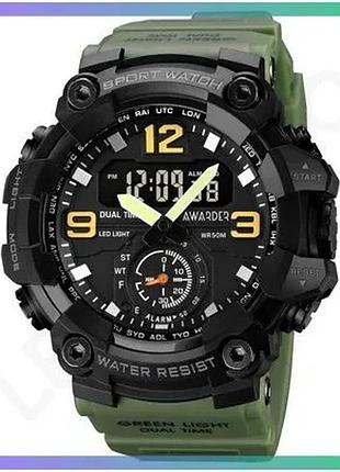 Спортивные часы awarder 003 army green кварцевые с будильником и хронографом для мужчин sku_aber_1202-0088
