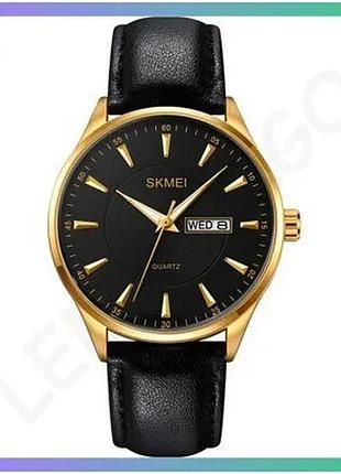 Часы skmei 2075gdbk золотистые и черные кварцевые мужские с календарем и кожаным ремешком sku_aber_1080-2234