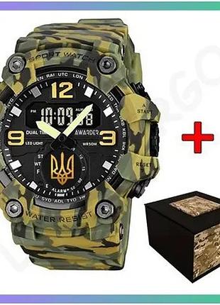 Годинник наручний awarder 003 тризуб золото army green спортивний чоловічий з хронографом та будильник sku_aber_1202-0096