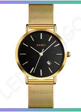 Часы skmei 1530gd gold кварцевые золотистые с арабскими цифрами для женщин водонепроницаемые 33 мм sku_aber_1080-1123