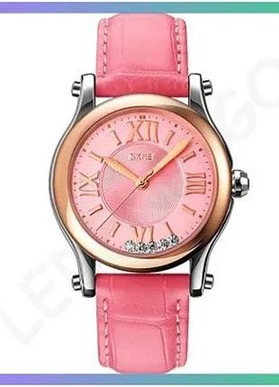 Женские часы skmei 9265pk pink кварцевые с римскими цифрами и кожаным ремешком 30 мм водонепроницаемые sku_aber_1080-2938