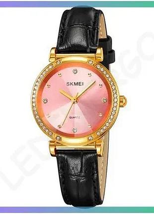 Женские часы skmei 2072pk pink золотистый корпус черный ремешок кварцевые стрелочные 30м водонепроница sku_aber_1080-2232