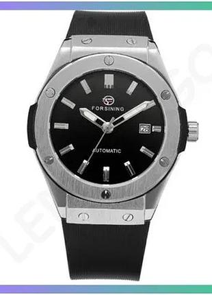 Механические часы forsining 8107 silver-black с черным каучуковым ремешком для мужчин водонепроницаемы sku_aber_1059-0298