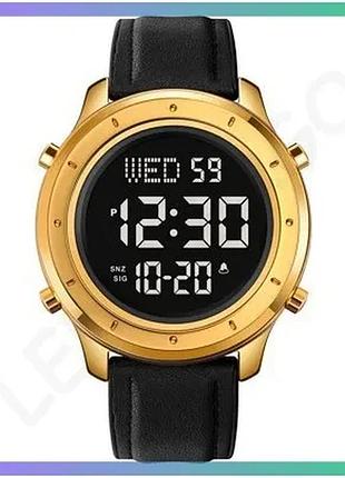 Чоловічий годинник skmei gold-black 47 мм шкіряний ремінець електронний будильник класичний sku_aber_1080-1172