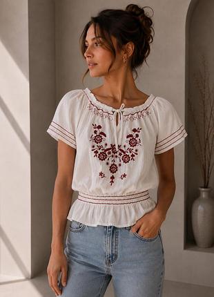 Вишиванка new look xs/s біла блуза з червоною вишивкою в етно стилі