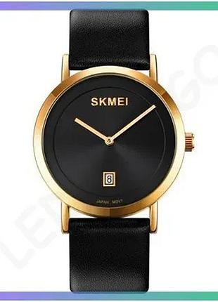Жіночі годинники skmei 1907gd gold кварцеві з чорним шкіряним ремінцем водонепроникні 3 atm класичні sku_aber_1080-1180