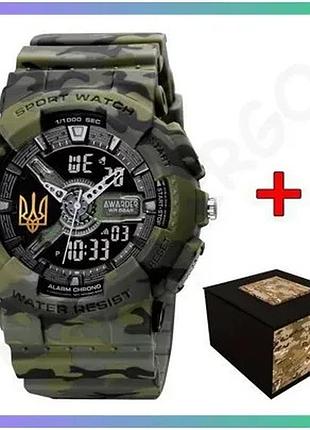 Чоловічий спортивний годинник awarder 005 тризуб золото camo green з будильником і хронографом sku_aber_1202-0148
