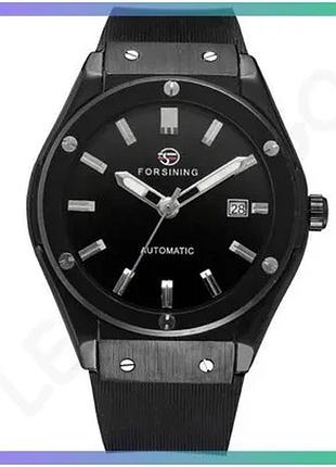 Механические мужские часы forsining 8107 all black водонепроницаемые 30м с каучуковым ремешком и люмин sku_aber_1059-0300