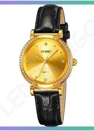 Женские часы skmei 2072gd gold золотистые с черным ремешком водонепроницаемые кварцевые классические sku_aber_1080-2231